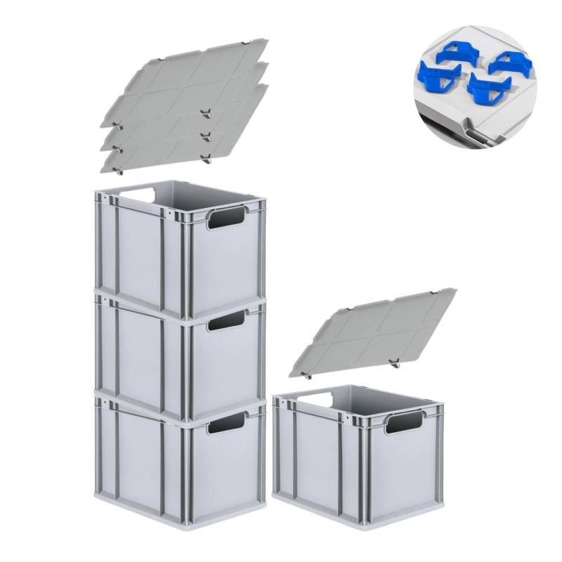 PROREGAL Spar Set 4x Eurobox Nextgen Economy Mit Auflagedeckel & 4x Schiebeschnappverschlüsse Blau Griffe Offen HxBxT 32 x 30 x 40 cm 30 Liter von PROREGAL