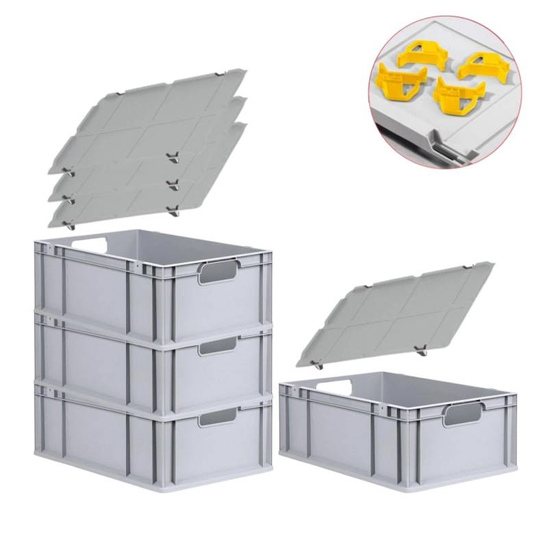 PROREGAL Spar Set 4x Eurobox Nextgen Economy Mit Auflagedeckel & 4x Schiebeschnappverschlüsse Gelb Griffe Offen HxBxT 22 x 40 x 60 cm 44 Liter von PROREGAL