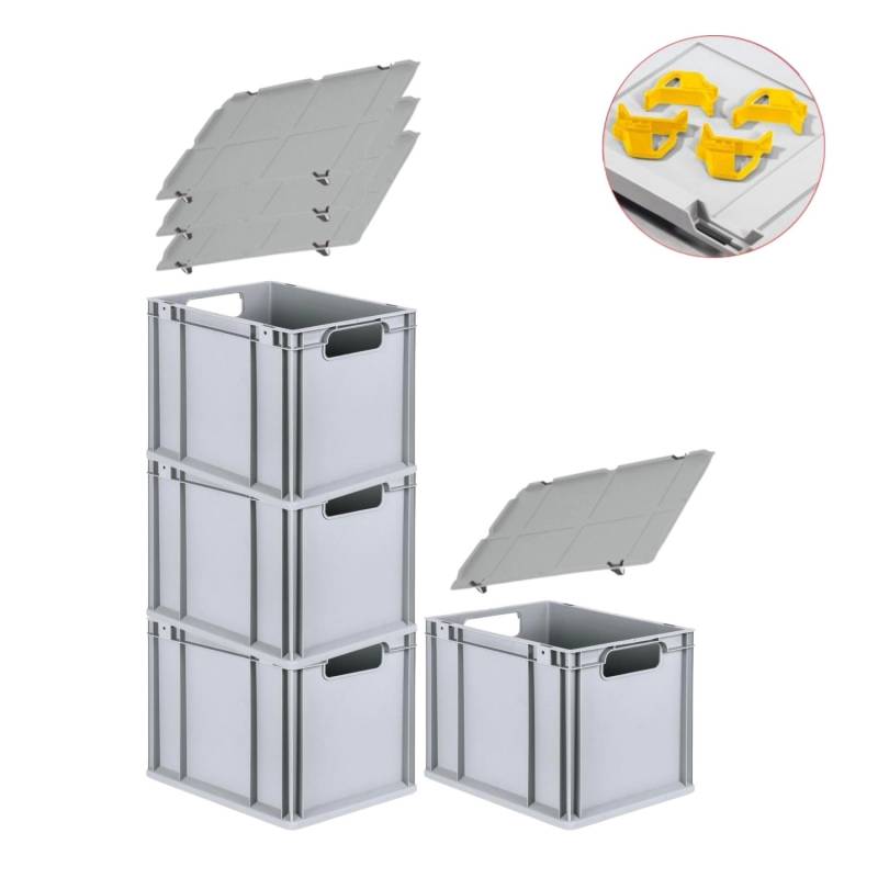 PROREGAL Spar Set 4x Eurobox Nextgen Economy Mit Auflagedeckel & 4x Schiebeschnappverschlüsse Gelb Griffe Offen HxBxT 32 x 30 x 40 cm 30 Liter von PROREGAL
