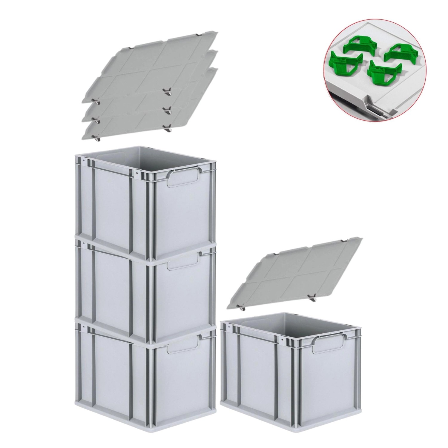 PROREGAL Spar Set 4x Eurobox Nextgen Economy Mit Auflagedeckel & 4x Schiebeschnappverschlüsse Grün Griffe Geschlossen HxBxT 32 x 30 x 40 cm 30 Liter von PROREGAL