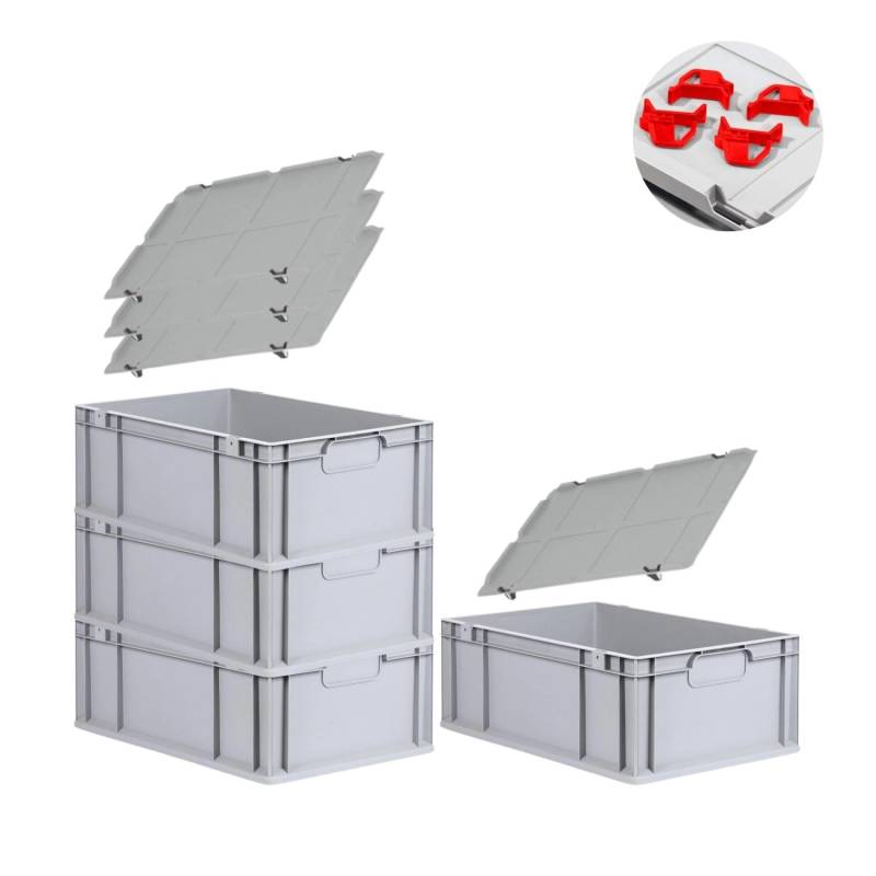 PROREGAL Spar Set 4x Eurobox Nextgen Economy Mit Auflagedeckel & 4x Schiebeschnappverschlüsse Rot Griffe Geschlossen HxBxT 22 x 40 x 60 cm 44 Liter von PROREGAL