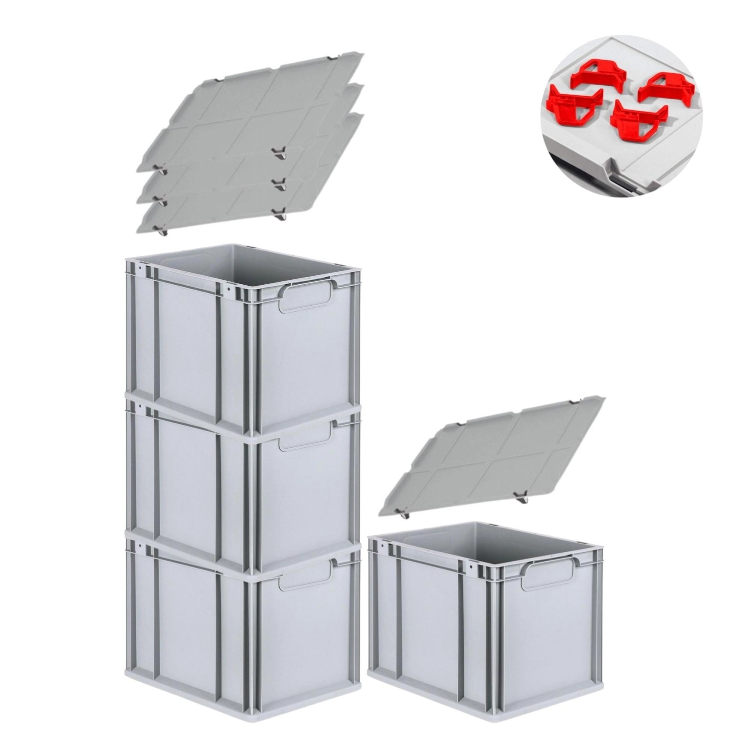 PROREGAL Spar Set 4x Eurobox Nextgen Economy Mit Auflagedeckel & 4x Schiebeschnappverschlüsse Rot Griffe Geschlossen HxBxT 32 x 30 x 40 cm 30 Liter von PROREGAL