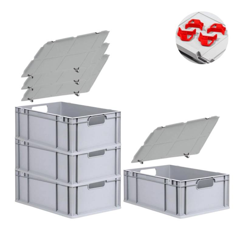 PROREGAL Spar Set 4x Eurobox Nextgen Economy Mit Auflagedeckel & 4x Schiebeschnappverschlüsse Rot Griffe Offen HxBxT 22 x 40 x 60 cm 44 Liter von PROREGAL