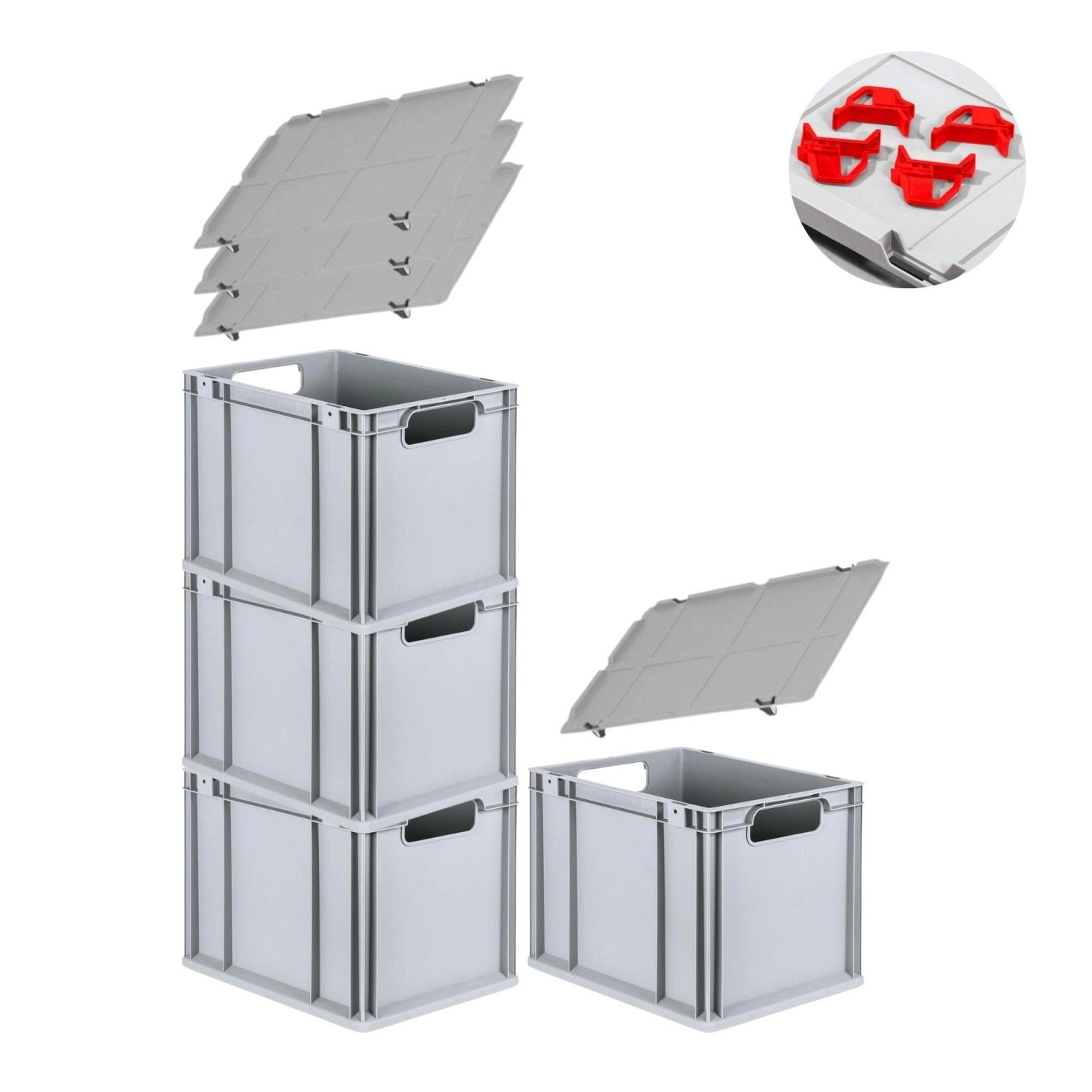 PROREGAL Spar Set 4x Eurobox Nextgen Economy Mit Auflagedeckel & 4x Schiebeschnappverschlüsse Rot Griffe Offen HxBxT 32 x 30 x 40 cm 30 Liter von PROREGAL