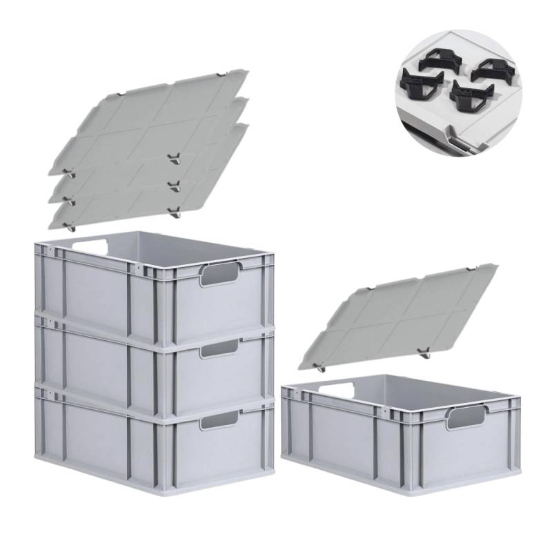 PROREGAL Spar Set 4x Eurobox Nextgen Economy Mit Auflagedeckel & 4x Schiebeschnappverschlüsse Schwarz Griffe Offen HxBxT 22 x 40 x 60 cm 44 Liter von PROREGAL