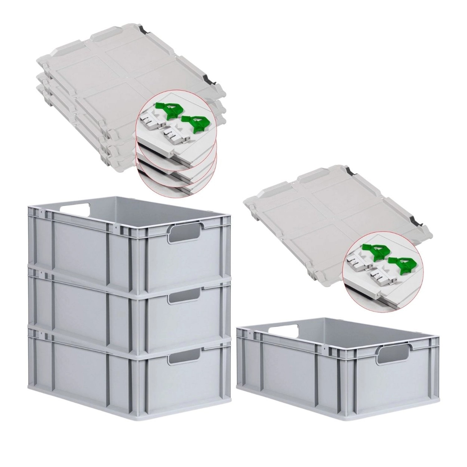 PROREGAL Spar Set 4x Eurobox Nextgen Economy Mit Scharnierdeckel & Grünen Schiebeschnappverschlüssen Griffe Offen HxBxT 22 x 40 x 60 cm 44 Liter von PROREGAL