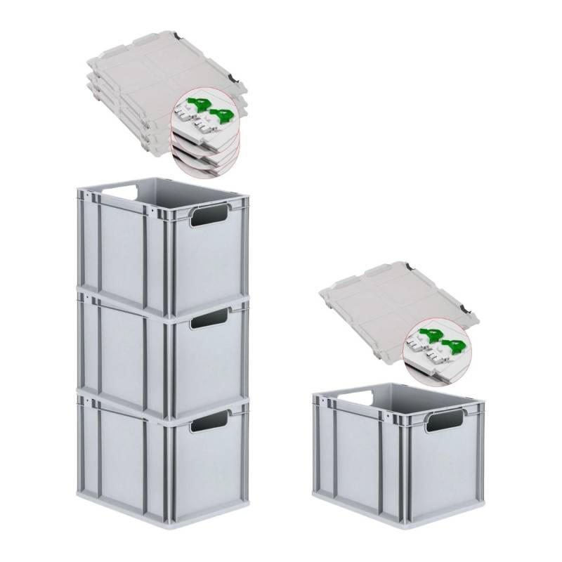 PROREGAL Spar Set 4x Eurobox Nextgen Economy Mit Scharnierdeckel & Grünen Schiebeschnappverschlüssen Griffe Offen HxBxT 32 x 30 x 40 cm 30 Liter von PROREGAL