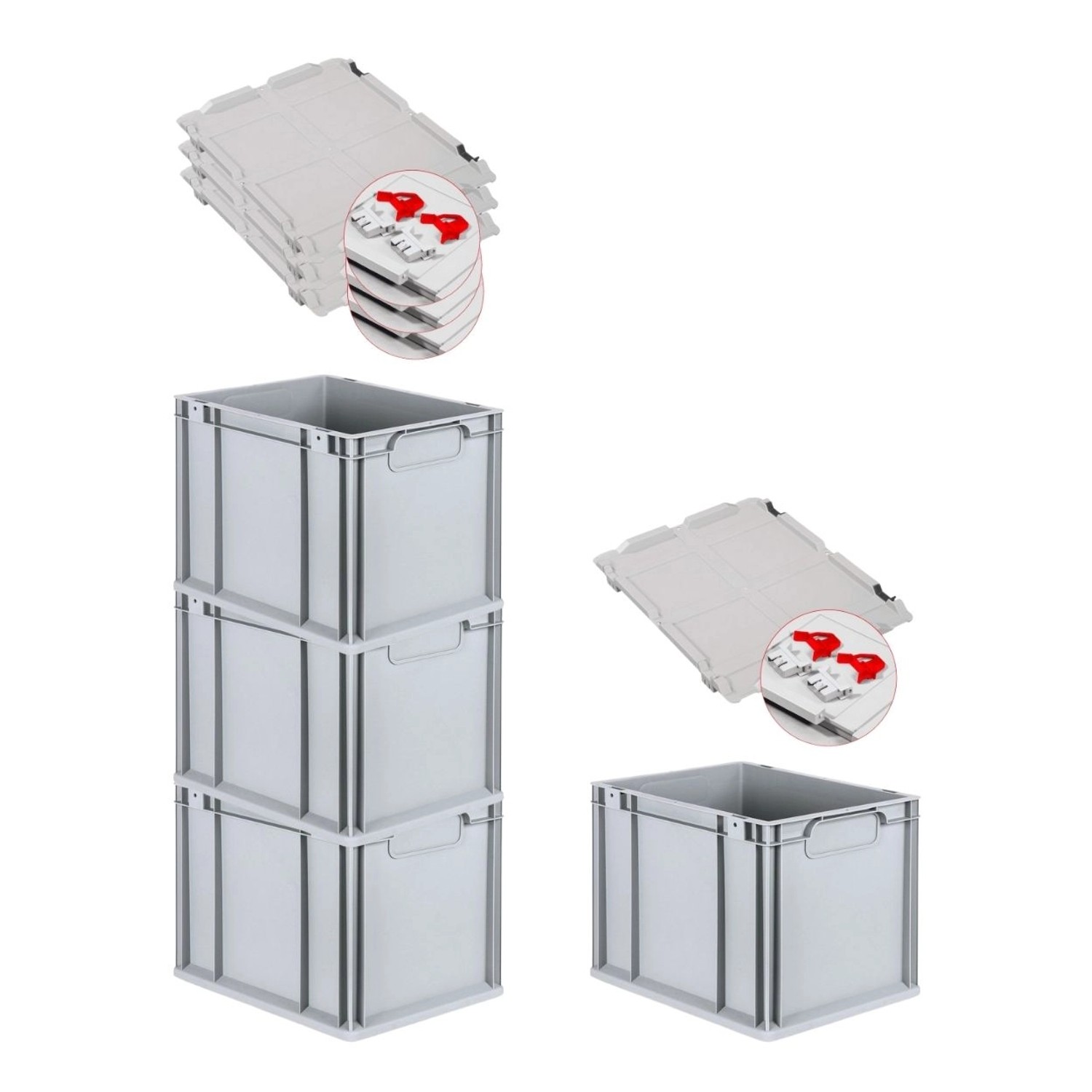 PROREGAL Spar Set 4x Eurobox Nextgen Economy Mit Scharnierdeckel & Roten Schiebeschnappverschlüssen Griffe Geschlossen HxBxT 32 x 30 x 40 cm 30 Liter von PROREGAL