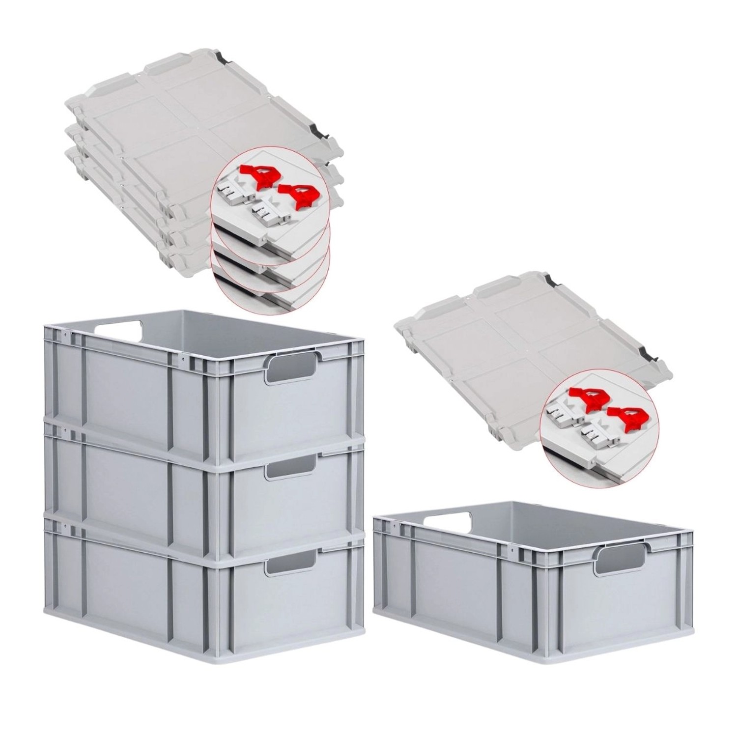PROREGAL Spar Set 4x Eurobox Nextgen Economy Mit Scharnierdeckel & Roten Schiebeschnappverschlüssen Griffe Offen HxBxT 22 x 40 x 60 cm 44 Liter von PROREGAL