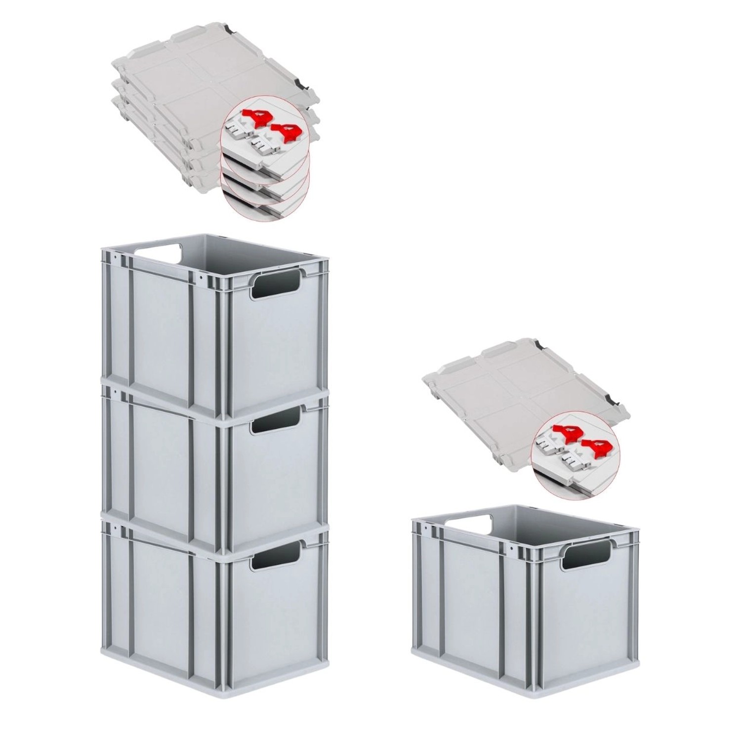 PROREGAL Spar Set 4x Eurobox Nextgen Economy Mit Scharnierdeckel & Roten Schiebeschnappverschlüssen Griffe Offen HxBxT 32 x 30 x 40 cm 30 Liter von PROREGAL