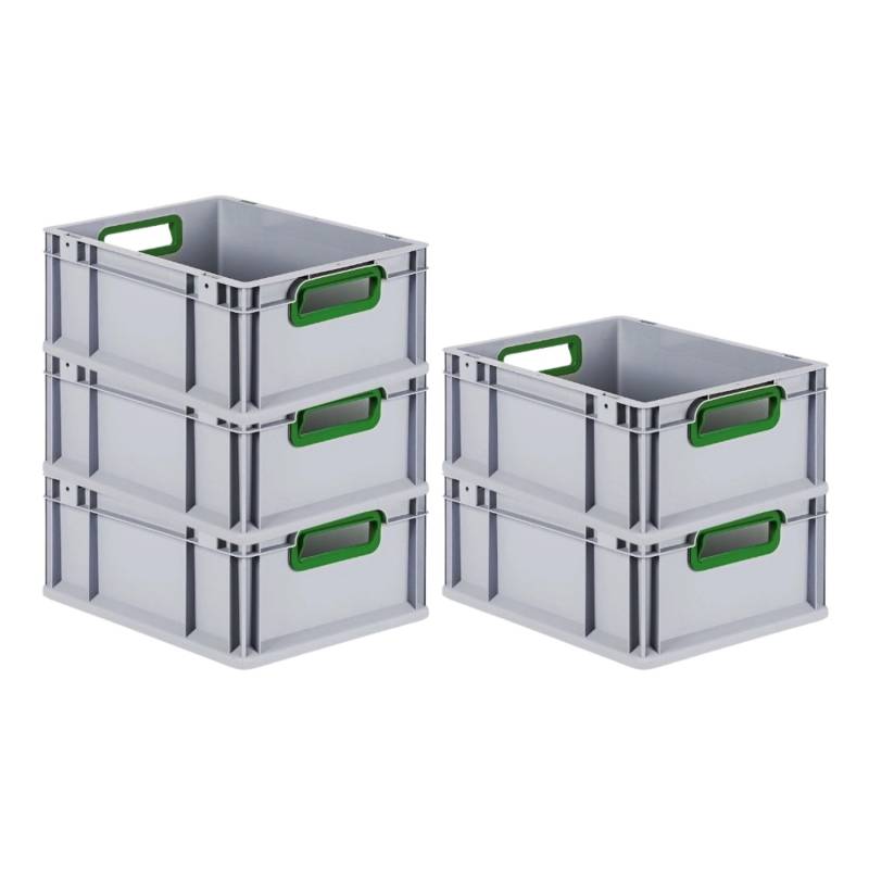 PROREGAL Spar Set 5x Eurobox Nextgen Color HxBxT 17 x 30 x 40 cm 16 Liter Griffe Grün Offen Glatter Boden Eurobehälter Transportbox von PROREGAL