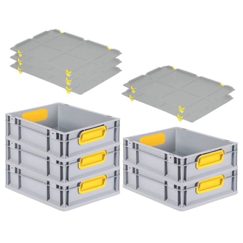 PROREGAL Spar Set 5x Eurobox Nextgen Color Mit Auflagedeckel & Schiebeschnappverschlüsse HxBxT 12 x 30 x 40 cm Griffe Gelb Geschlossen Glatter Boden von PROREGAL