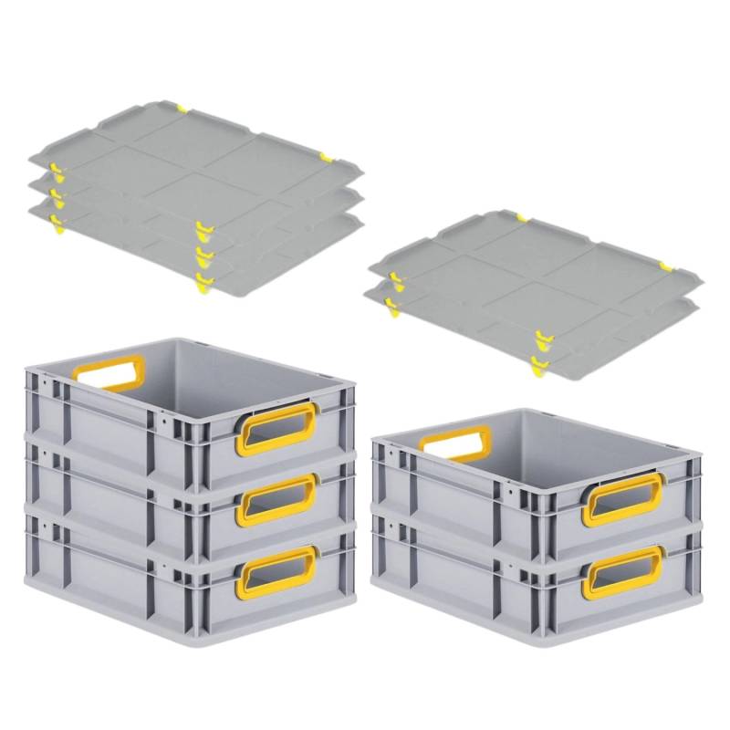 PROREGAL Spar Set 5x Eurobox Nextgen Color Mit Auflagedeckel & Schiebeschnappverschlüsse HxBxT 12 x 30 x 40 cm Griffe Gelb Offen Glatter Boden von PROREGAL