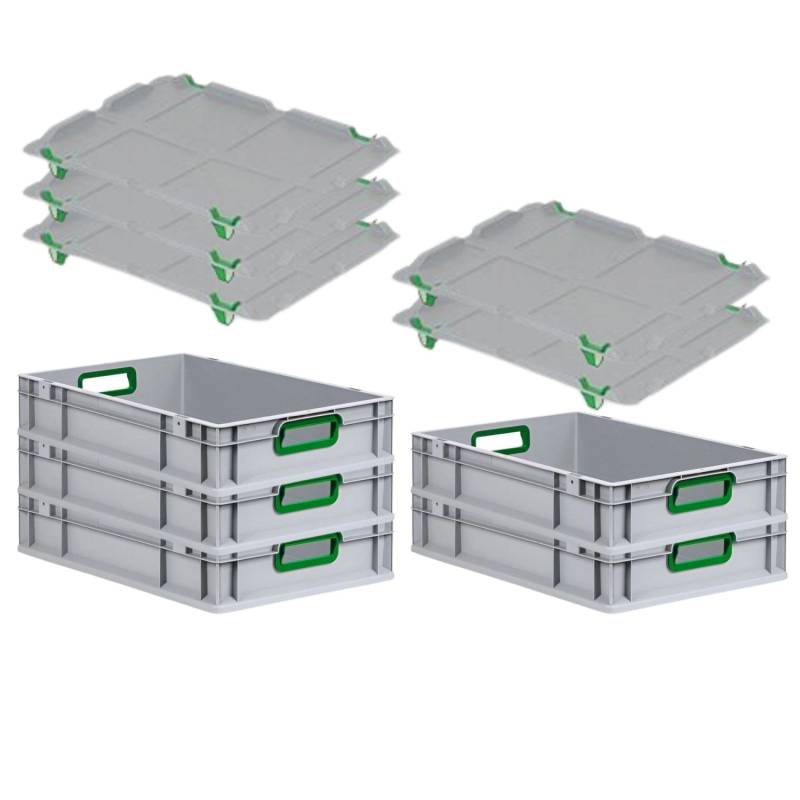 PROREGAL Spar Set 5x Eurobox Nextgen Color Mit Auflagedeckel & Schiebeschnappverschlüsse HxBxT 12 x 40 x 60 cm Griffe Grün Offen Glatter Boden von PROREGAL