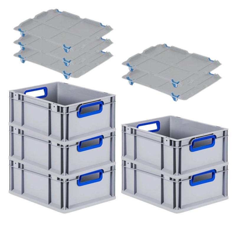 PROREGAL Spar Set 5x Eurobox Nextgen Color Mit Auflagedeckel & Schiebeschnappverschlüsse HxBxT 17 x 30 x 40 cm Griffe Blau Offen Glatter Boden von PROREGAL