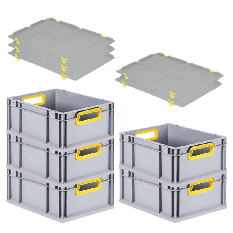 PROREGAL Spar Set 5x Eurobox Nextgen Color Mit Auflagedeckel & Schiebeschnappverschlüsse HxBxT 17 x 30 x 40 cm Griffe Gelb Offen Glatter Boden von PROREGAL