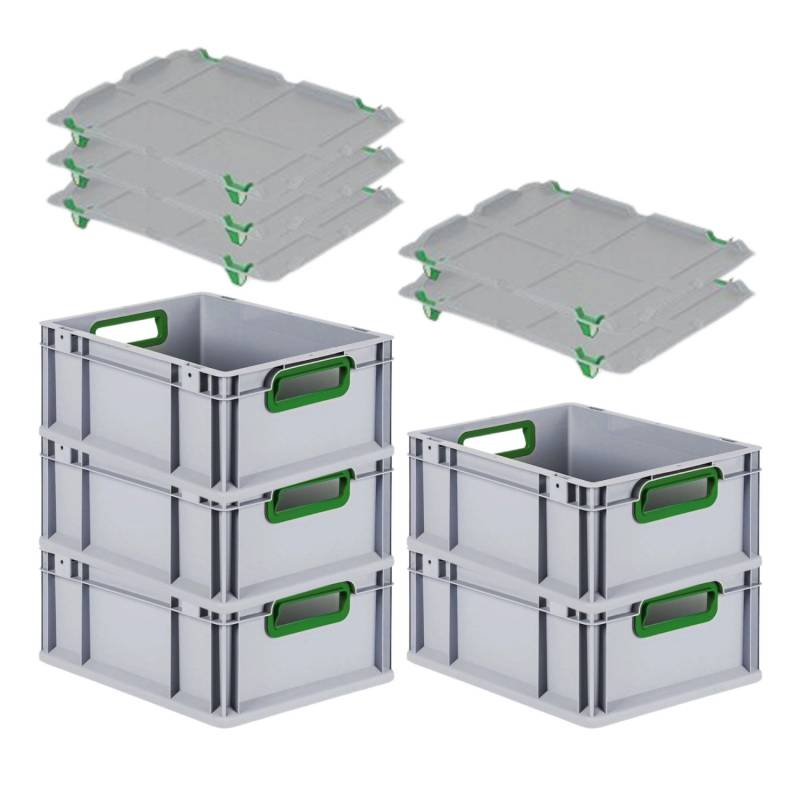 PROREGAL Spar Set 5x Eurobox Nextgen Color Mit Auflagedeckel & Schiebeschnappverschlüsse HxBxT 17 x 30 x 40 cm Griffe Grün Offen Glatter Boden von PROREGAL