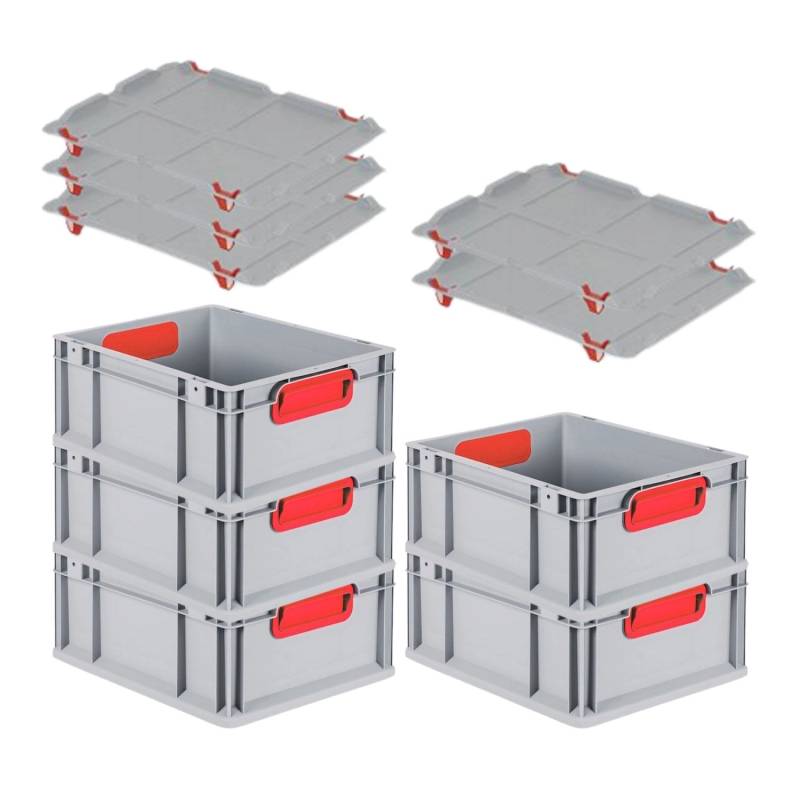 PROREGAL Spar Set 5x Eurobox Nextgen Color Mit Auflagedeckel & Schiebeschnappverschlüsse HxBxT 17 x 30 x 40 cm Griffe Rot Geschlossen Glatter Boden von PROREGAL