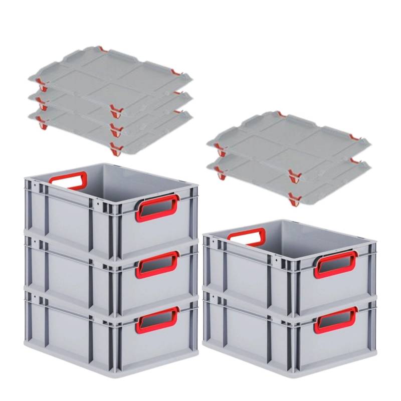 PROREGAL Spar Set 5x Eurobox Nextgen Color Mit Auflagedeckel & Schiebeschnappverschlüsse HxBxT 17 x 30 x 40 cm Griffe Rot Offen Glatter Boden von PROREGAL