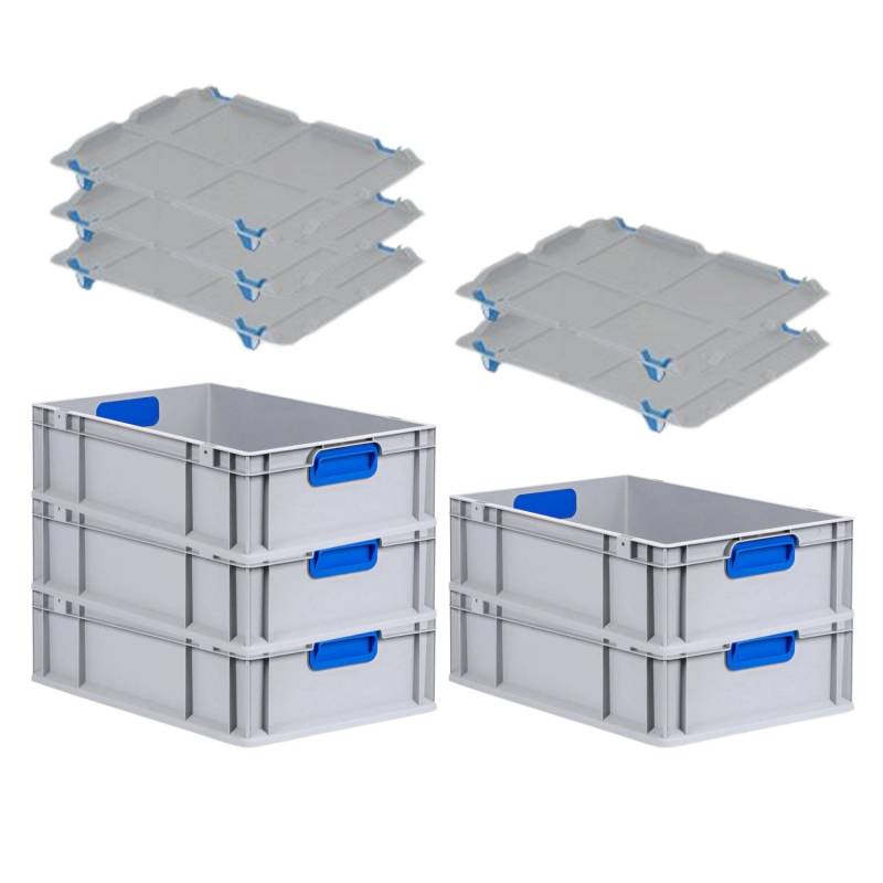PROREGAL Spar Set 5x Eurobox Nextgen Color Mit Auflagedeckel & Schiebeschnappverschlüsse HxBxT 17 x 40 x 60 cm Griffe Blau Geschlossen Glatter Boden von PROREGAL