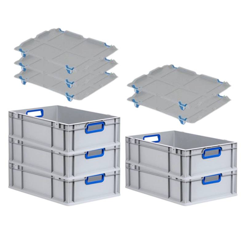 PROREGAL Spar Set 5x Eurobox Nextgen Color Mit Auflagedeckel & Schiebeschnappverschlüsse HxBxT 17 x 40 x 60 cm Griffe Blau Offen Glatter Boden von PROREGAL