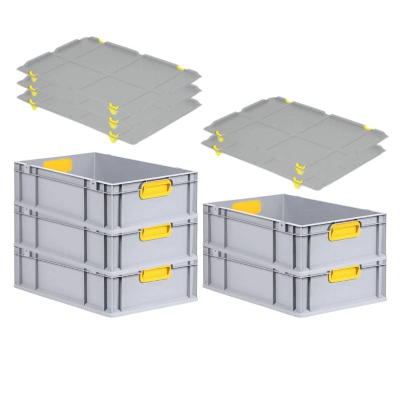 PROREGAL Spar Set 5x Eurobox Nextgen Color Mit Auflagedeckel & Schiebeschnappverschlüsse HxBxT 17 x 40 x 60 cm Griffe Gelb Geschlossen Glatter Boden von PROREGAL