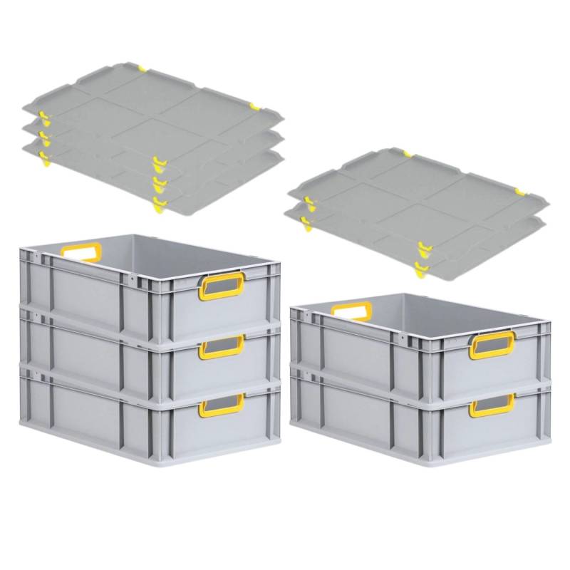 PROREGAL Spar Set 5x Eurobox Nextgen Color Mit Auflagedeckel & Schiebeschnappverschlüsse HxBxT 17 x 40 x 60 cm Griffe Gelb Offen Glatter Boden von PROREGAL