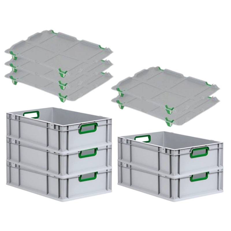 PROREGAL Spar Set 5x Eurobox Nextgen Color Mit Auflagedeckel & Schiebeschnappverschlüsse HxBxT 17 x 40 x 60 cm Griffe Grün Offen Glatter Boden von PROREGAL