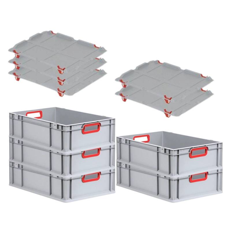 PROREGAL Spar Set 5x Eurobox Nextgen Color Mit Auflagedeckel & Schiebeschnappverschlüsse HxBxT 17 x 40 x 60 cm Griffe Rot Offen Glatter Boden von PROREGAL
