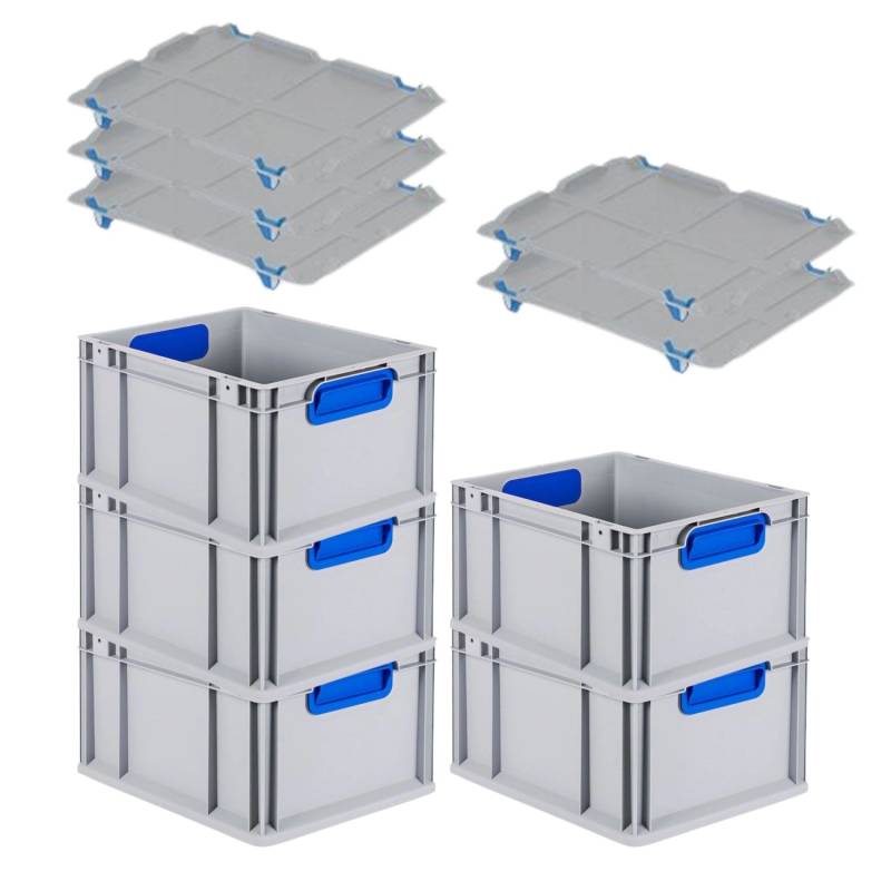 PROREGAL Spar Set 5x Eurobox Nextgen Color Mit Auflagedeckel & Schiebeschnappverschlüsse HxBxT 22 x 30 x 40 cm Griffe Blau Geschlossen Glatter Boden von PROREGAL