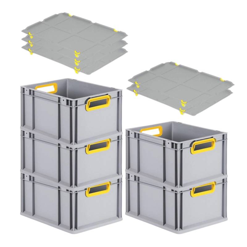 PROREGAL Spar Set 5x Eurobox Nextgen Color Mit Auflagedeckel & Schiebeschnappverschlüsse HxBxT 22 x 30 x 40 cm Griffe Gelb Offen Glatter Boden von PROREGAL