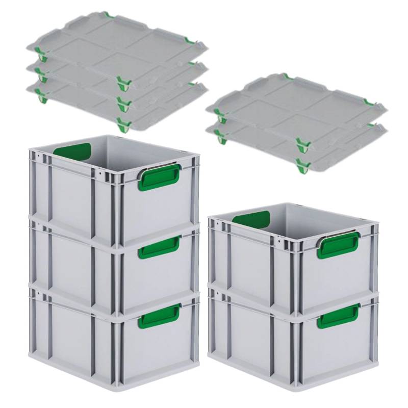 PROREGAL Spar Set 5x Eurobox Nextgen Color Mit Auflagedeckel & Schiebeschnappverschlüsse HxBxT 22 x 30 x 40 cm Griffe Grün Geschlossen Glatter Boden von PROREGAL
