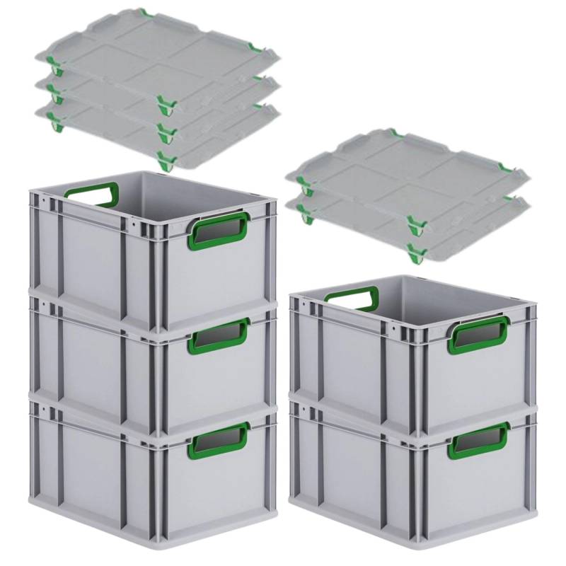 PROREGAL Spar Set 5x Eurobox Nextgen Color Mit Auflagedeckel & Schiebeschnappverschlüsse HxBxT 22 x 30 x 40 cm Griffe Grün Offen Glatter Boden von PROREGAL
