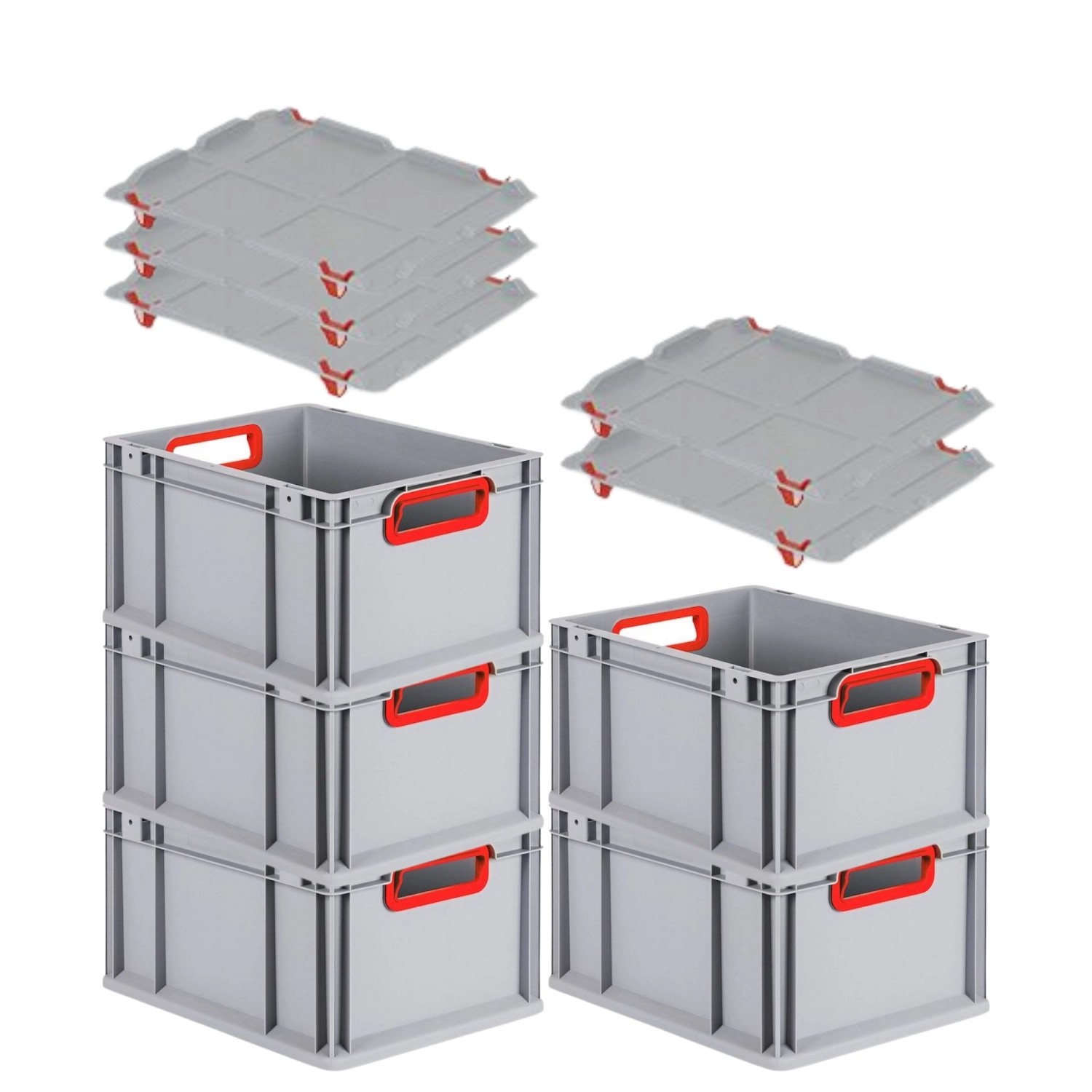 PROREGAL Spar Set 5x Eurobox Nextgen Color Mit Auflagedeckel & Schiebeschnappverschlüsse HxBxT 22 x 30 x 40 cm Griffe Rot Offen Glatter Boden von PROREGAL