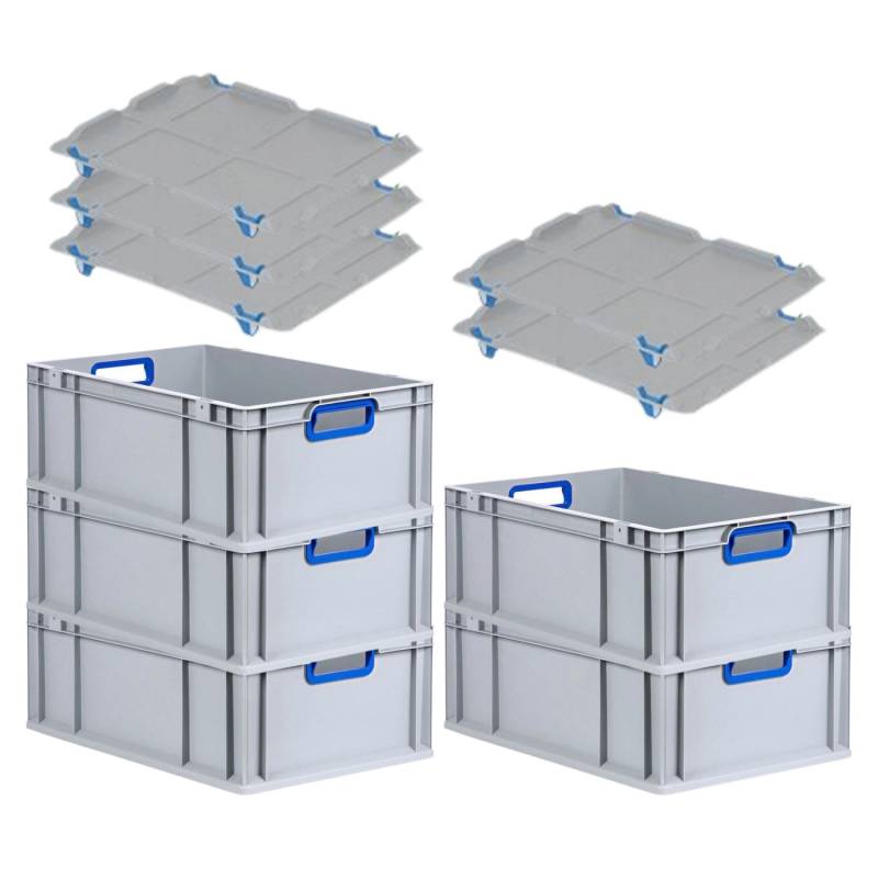 PROREGAL Spar Set 5x Eurobox Nextgen Color Mit Auflagedeckel & Schiebeschnappverschlüsse HxBxT 22 x 40 x 60 cm Griffe Blau Offen Verstärkter Boden von PROREGAL
