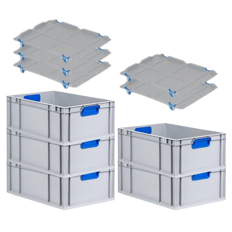 PROREGAL Spar Set 5x Eurobox Nextgen Color Mit Auflagedeckel & Schiebeschnappverschlüsse HxBxT 22 x 40 x 60 cm Griffe Blau Verstärkter Boden von PROREGAL