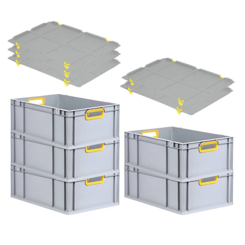 PROREGAL Spar Set 5x Eurobox Nextgen Color Mit Auflagedeckel & Schiebeschnappverschlüsse HxBxT 22 x 40 x 60 cm Griffe Gelb Offen Verstärkter Boden von PROREGAL