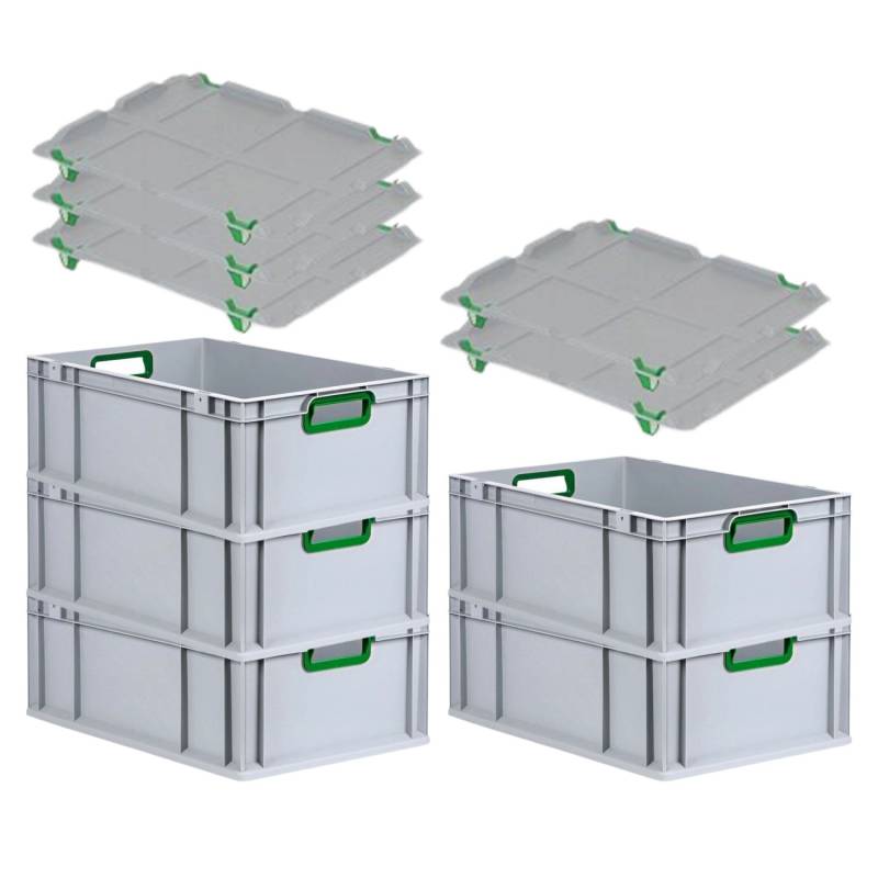 PROREGAL Spar Set 5x Eurobox Nextgen Color Mit Auflagedeckel & Schiebeschnappverschlüsse HxBxT 22 x 40 x 60 cm Griffe Grün Offen Verstärkter Boden von PROREGAL