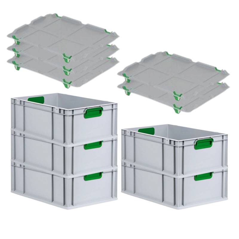 PROREGAL Spar Set 5x Eurobox Nextgen Color Mit Auflagedeckel & Schiebeschnappverschlüsse HxBxT 22 x 40 x 60 cm Griffe Grün Verstärkter Boden von PROREGAL