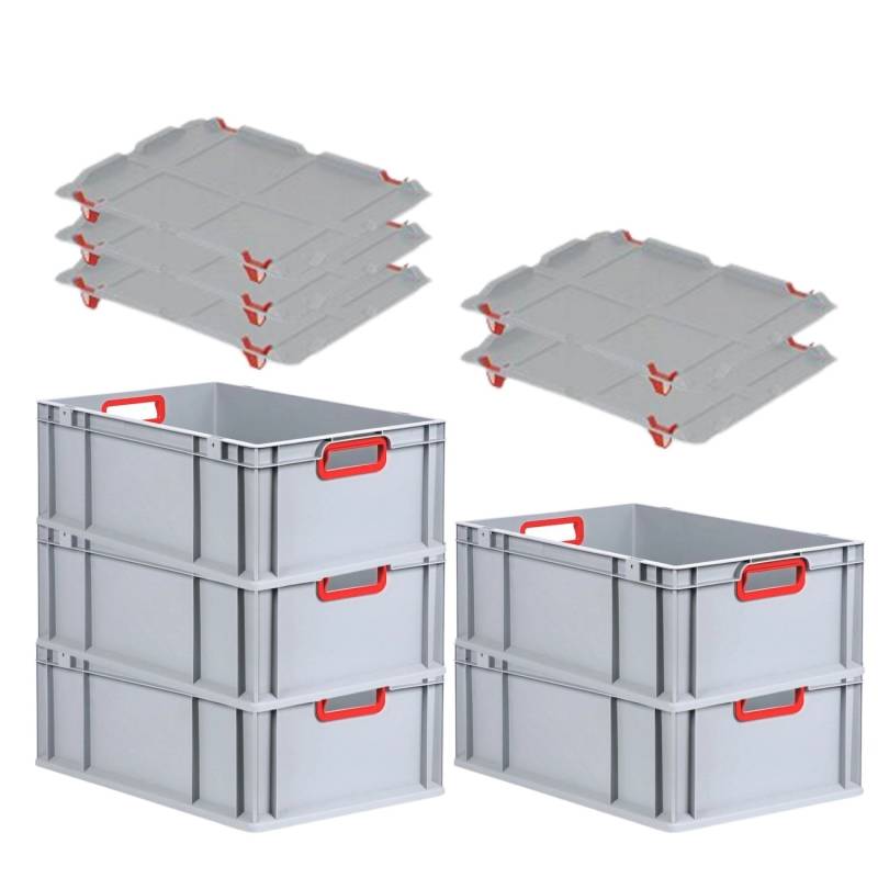 PROREGAL Spar Set 5x Eurobox Nextgen Color Mit Auflagedeckel & Schiebeschnappverschlüsse HxBxT 22 x 40 x 60 cm Griffe Rot Offen Verstärkter Boden von PROREGAL