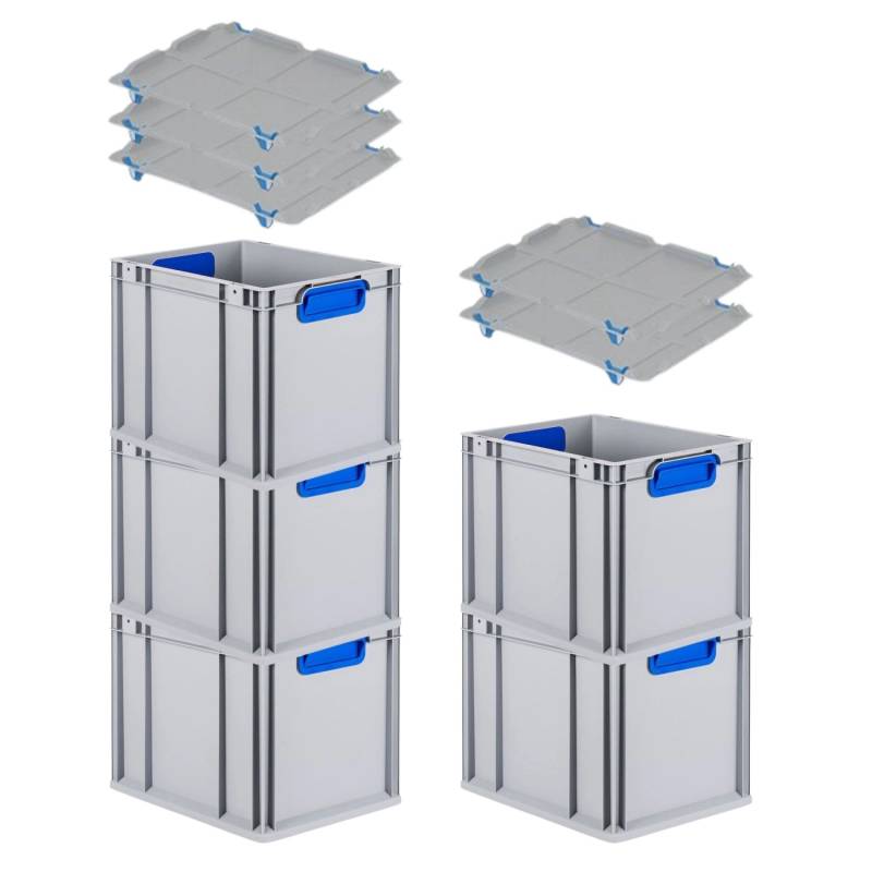 PROREGAL Spar Set 5x Eurobox Nextgen Color Mit Auflagedeckel & Schiebeschnappverschlüsse HxBxT 32 x 30 x 40 cm Griffe Blau Geschlossen Glatter Boden von PROREGAL