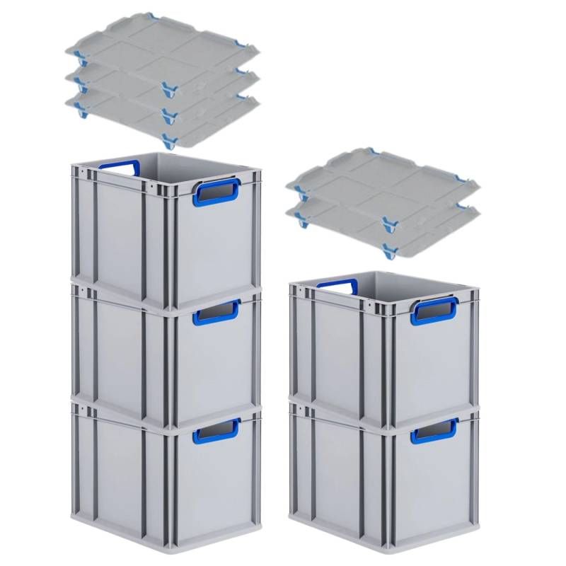 PROREGAL Spar Set 5x Eurobox Nextgen Color Mit Auflagedeckel & Schiebeschnappverschlüsse HxBxT 32 x 30 x 40 cm Griffe Blau Offen Glatter Boden von PROREGAL