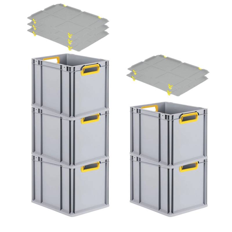 PROREGAL Spar Set 5x Eurobox Nextgen Color Mit Auflagedeckel & Schiebeschnappverschlüsse HxBxT 32 x 30 x 40 cm Griffe Gelb Offen Glatter Boden von PROREGAL