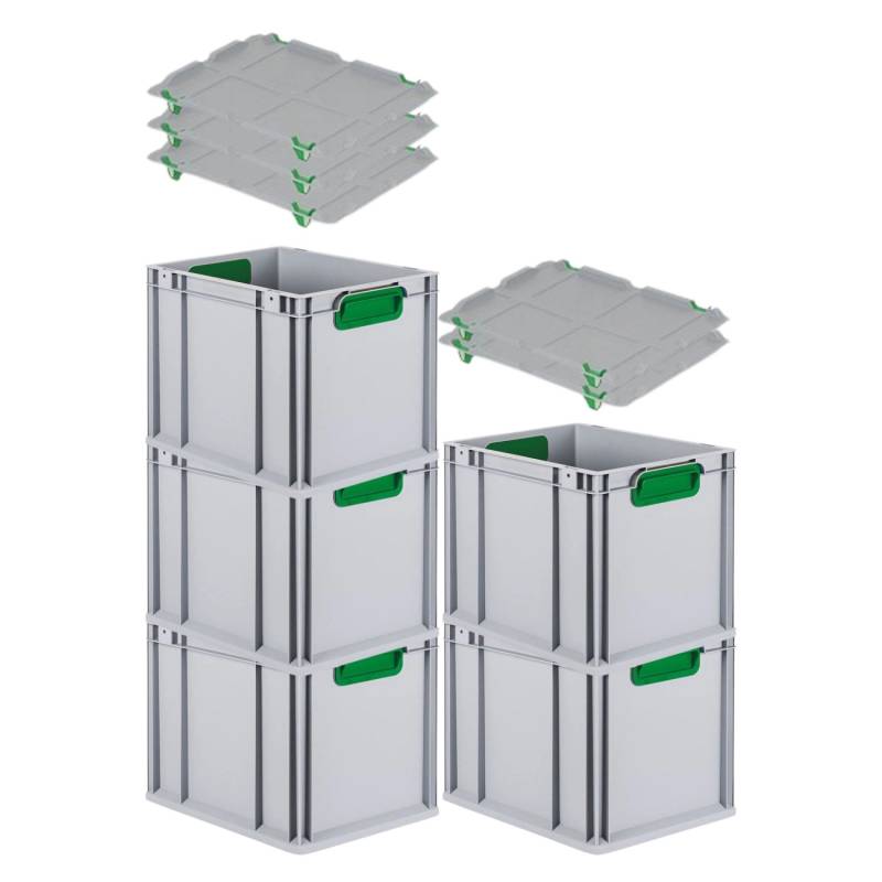 PROREGAL Spar Set 5x Eurobox Nextgen Color Mit Auflagedeckel & Schiebeschnappverschlüsse HxBxT 32 x 30 x 40 cm Griffe Grün Geschlossen Glatter Boden von PROREGAL