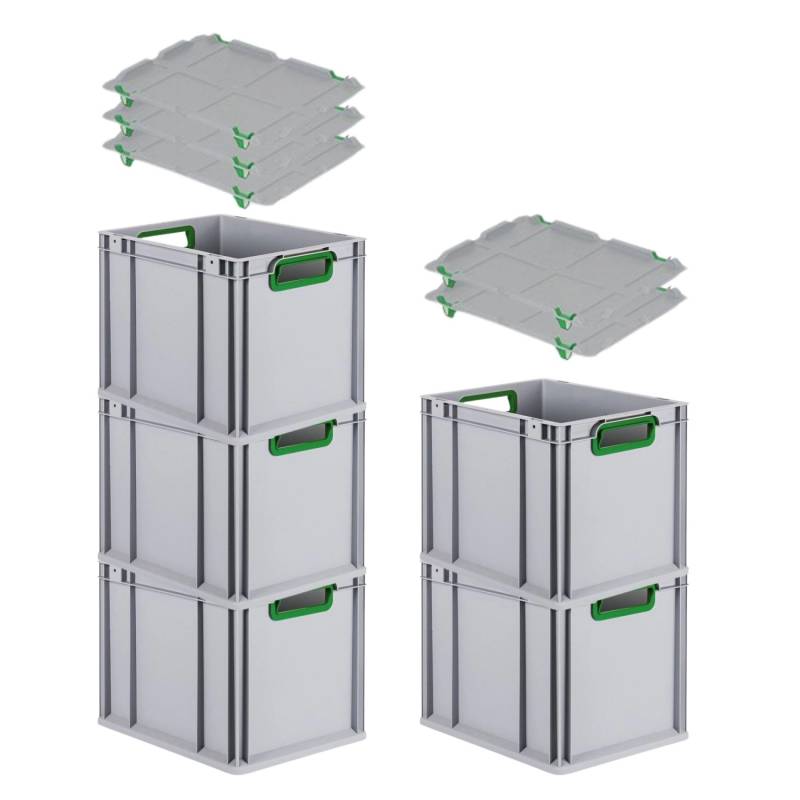 PROREGAL Spar Set 5x Eurobox Nextgen Color Mit Auflagedeckel & Schiebeschnappverschlüsse HxBxT 32 x 30 x 40 cm Griffe Grün Offen Glatter Boden von PROREGAL
