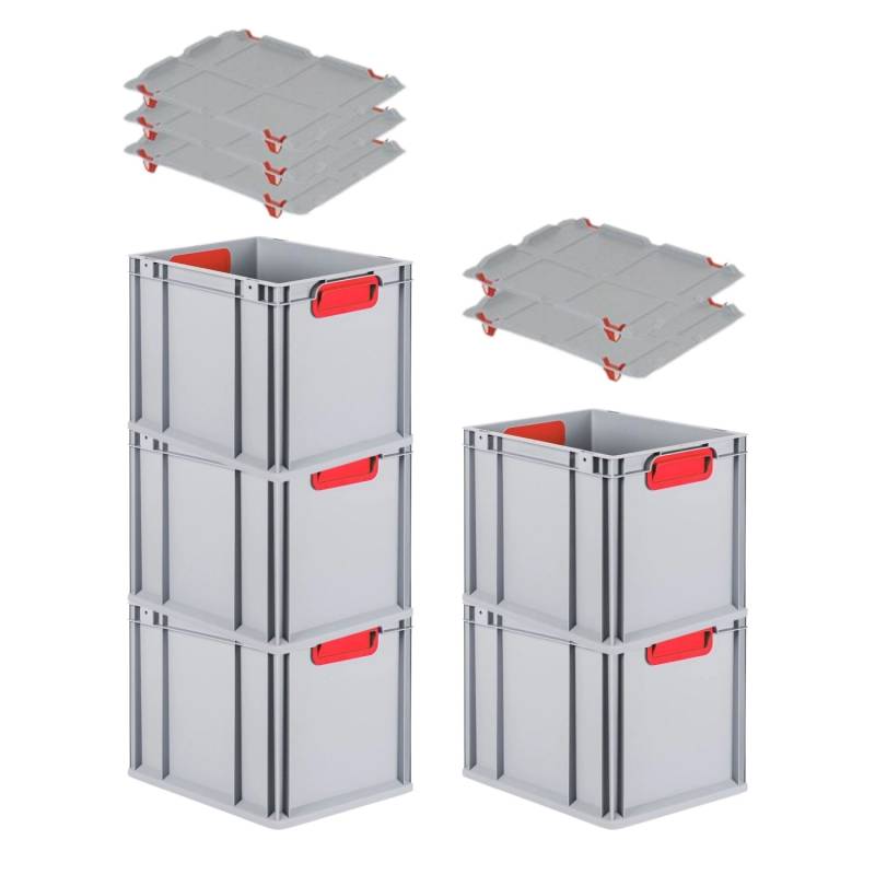 PROREGAL Spar Set 5x Eurobox Nextgen Color Mit Auflagedeckel & Schiebeschnappverschlüsse HxBxT 32 x 30 x 40 cm Griffe Rot Geschlossen Glatter Boden von PROREGAL