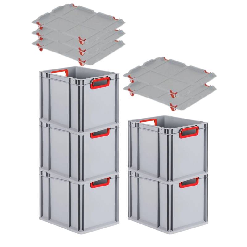 PROREGAL Spar Set 5x Eurobox Nextgen Color Mit Auflagedeckel & Schiebeschnappverschlüsse HxBxT 32 x 30 x 40 cm Griffe Rot Offen Glatter Boden von PROREGAL