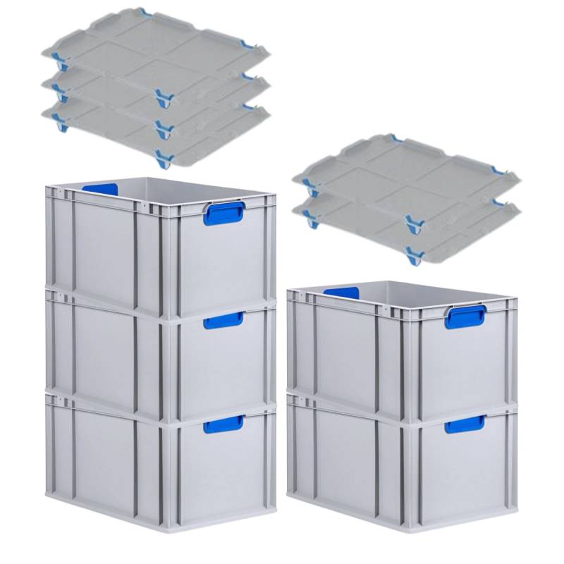 PROREGAL Spar Set 5x Eurobox Nextgen Color Mit Auflagedeckel & Schiebeschnappverschlüsse HxBxT 32 x 40 x 60 cm Griffe Blau Verstärkter Boden von PROREGAL