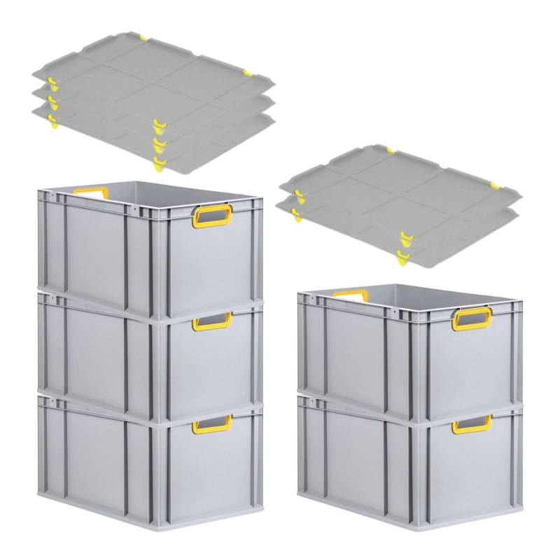 PROREGAL Spar Set 5x Eurobox Nextgen Color Mit Auflagedeckel & Schiebeschnappverschlüsse HxBxT 32 x 40 x 60 cm Griffe Gelb Offen Verstärkter Boden von PROREGAL