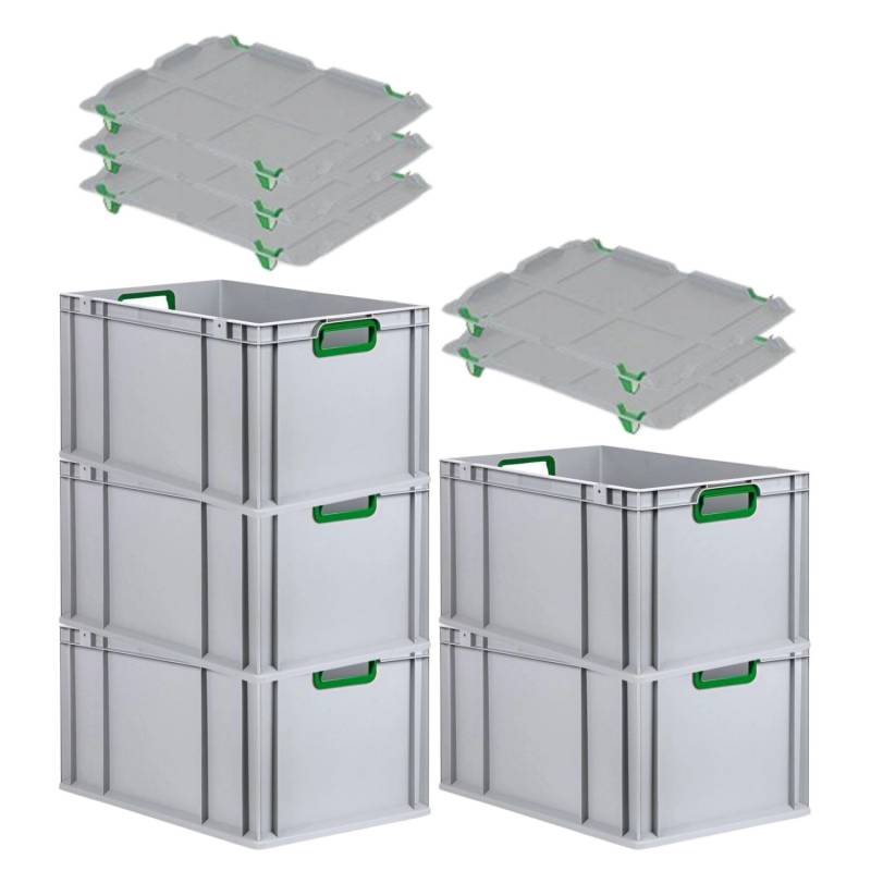 PROREGAL Spar Set 5x Eurobox Nextgen Color Mit Auflagedeckel & Schiebeschnappverschlüsse HxBxT 32 x 40 x 60 cm Griffe Grün Offen Verstärkter Boden von PROREGAL